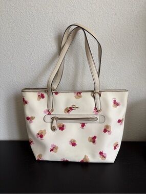 Coach Cream Tote with Pink and Tan Floral Accents